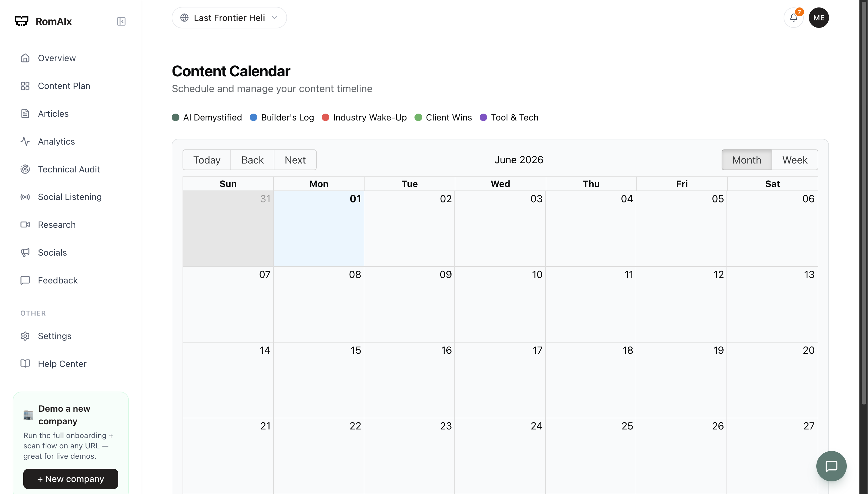 RomAIx content calendar showing scheduled posts colour-coded by theme across the month